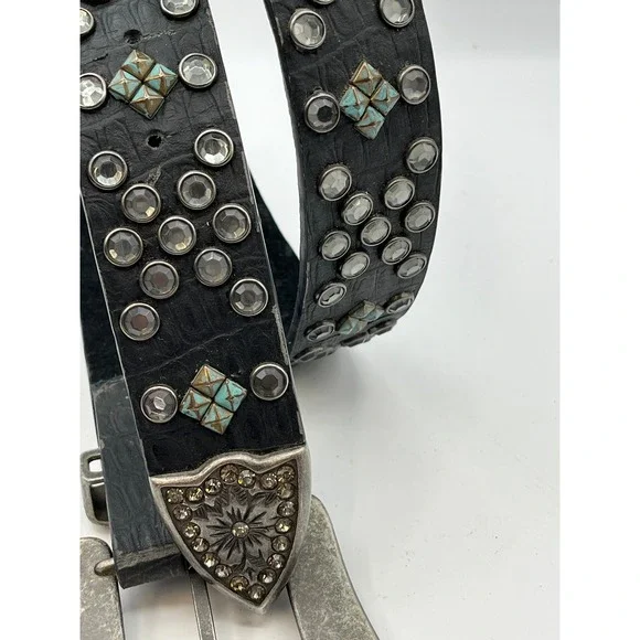 Rhinestone Studded Leather Belt Wm's Large Western Rockabilly Turq. Stones READ - Picture 7 of 11